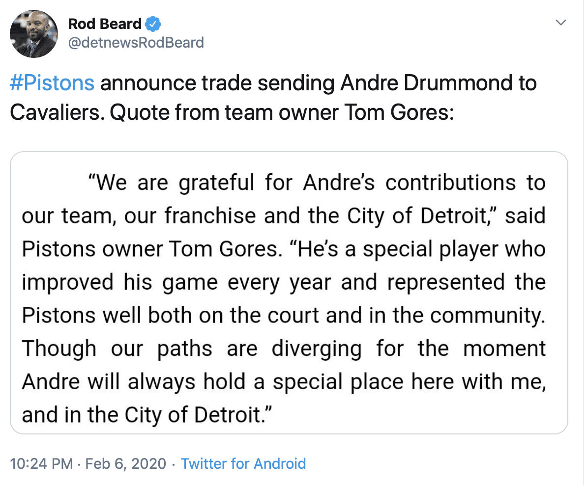 Tom Gores, Detroit Pistons, Andre Drummond