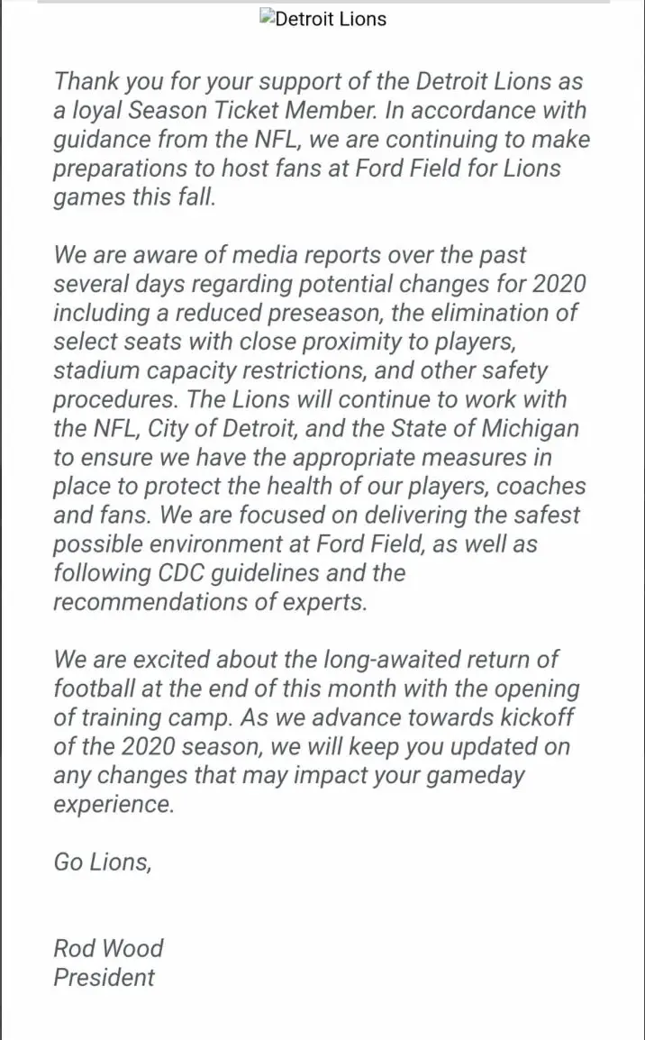 Detroit Lions send email update to seasons ticket members