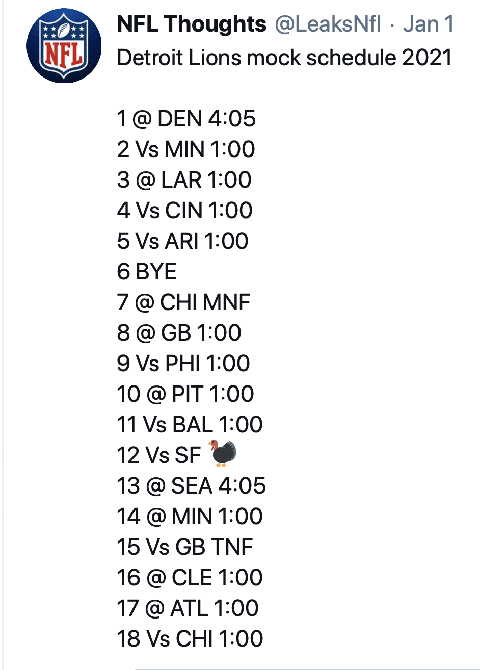 2021 Mock Detroit Lions schedule includes pair of prime time matchups