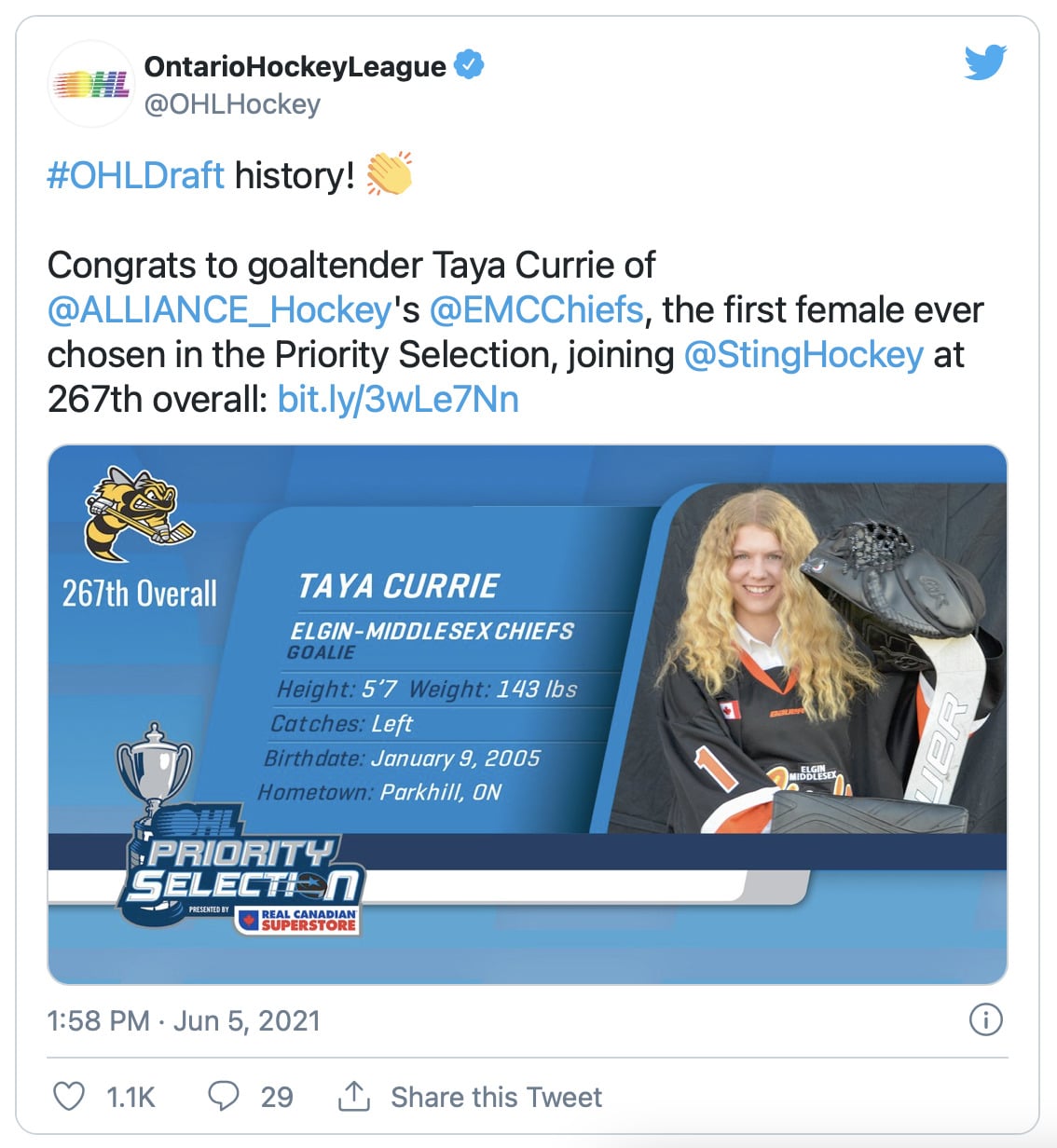 Sarnia Sting select Taya Currie, first ever female to get drafted
