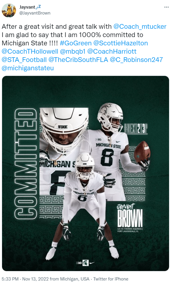Jayvant Brown commits to Michigan State