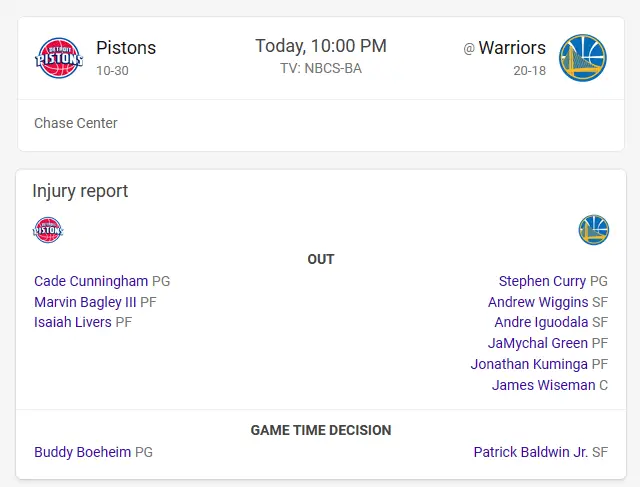 Detroit Pistons vs. Warriors