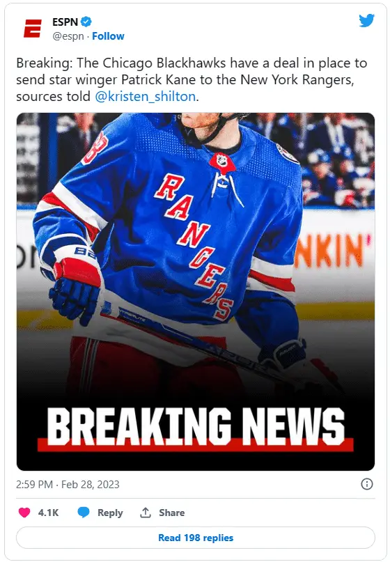 Patrick Kane traded to NY Rangers