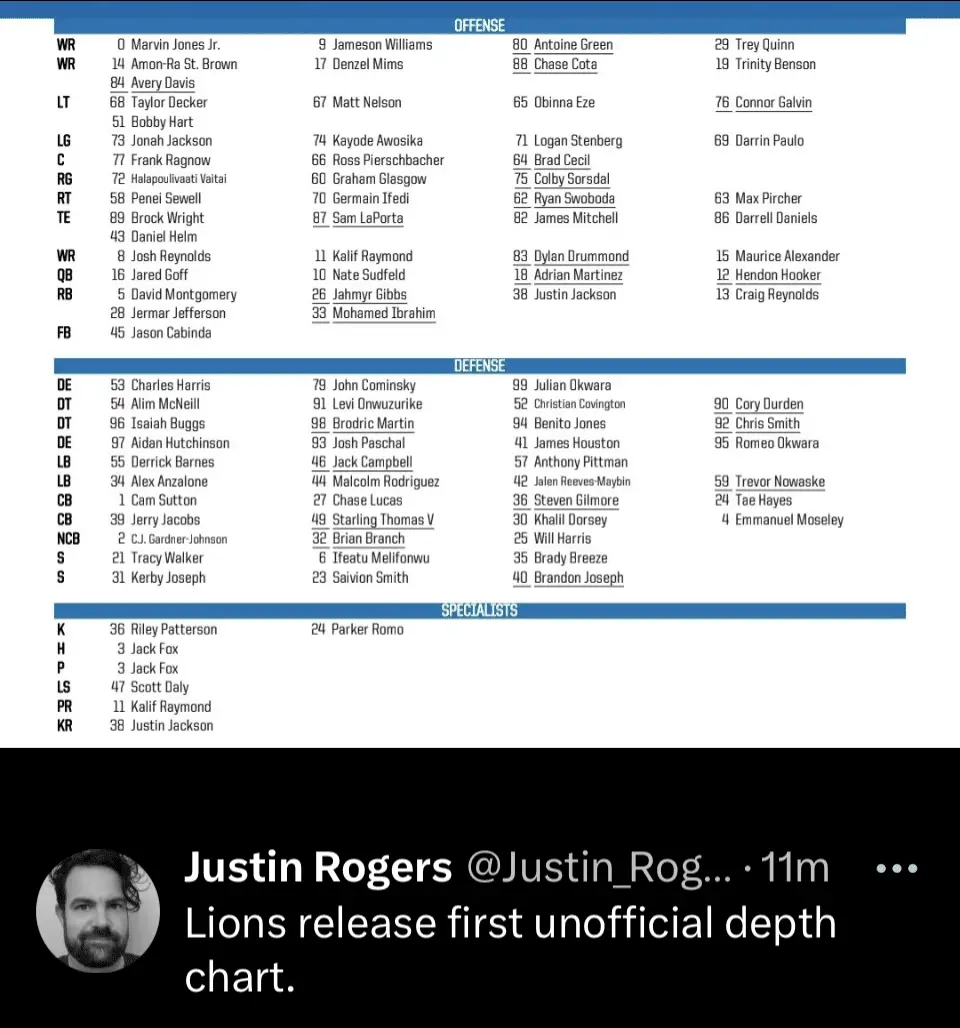 Detroit Lions depth chart