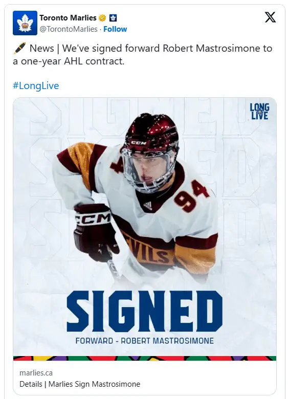 Robert Mastrosimone Signs AHL Deal with Toronto Marlies