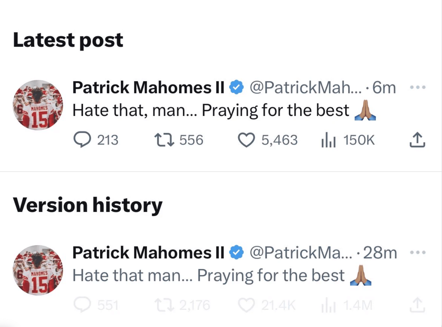 Patrick Mahomes' deleted post about Aaron Rodgers