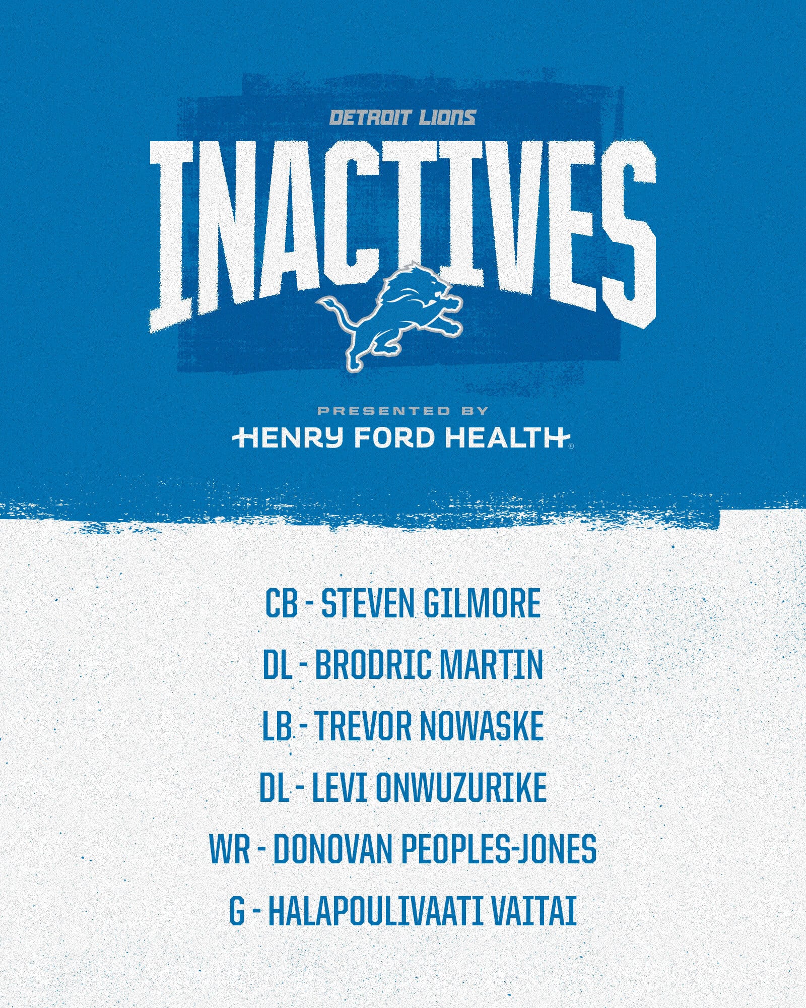 Detroit Lions Week 10 Inactives List