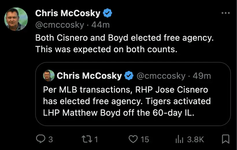 Matthew Boyd and Cisnero to become free agents