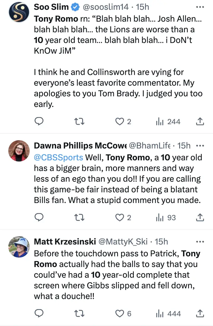 Detroit Lions Fans Furious Over Tony Romo’s Remark During Loss to Bills