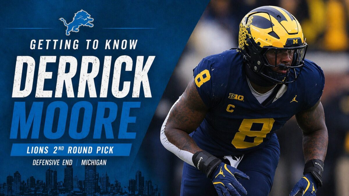Get to know Derrick Moore, the Detroit Lions’ second-round pick at No. 44. A Michigan edge rusher with power, production, and upside, Moore brings a strong pass rush and local ties to Detroit.