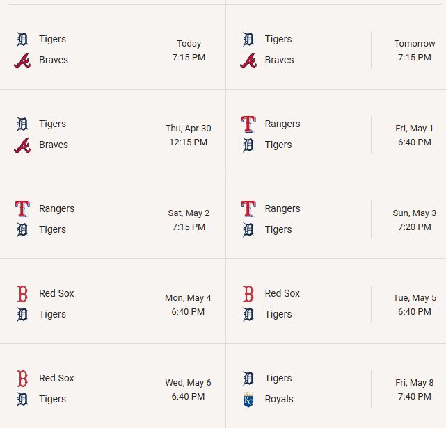 Tigers Upcoming Schedule