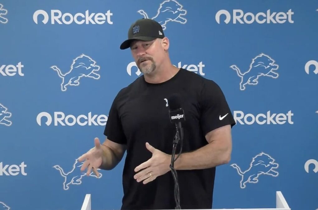 Lions starters preseason Jahmyr Gibbs contract Tyler Lacy Lions defense Dan Campbell Lions padded practice Cade Mays return