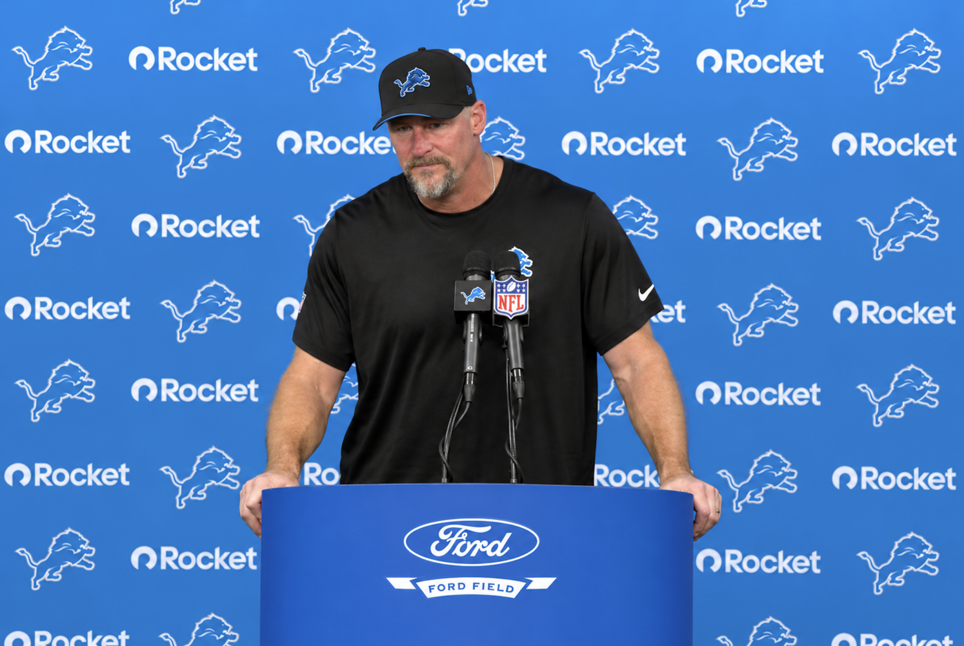 Christian Mahogany injury update Detroit Lions blockbuster trade Dan Campbell backs Kelvin Sheppard Dan Campbell Lions message Dan Campbell Jared Goff mobility