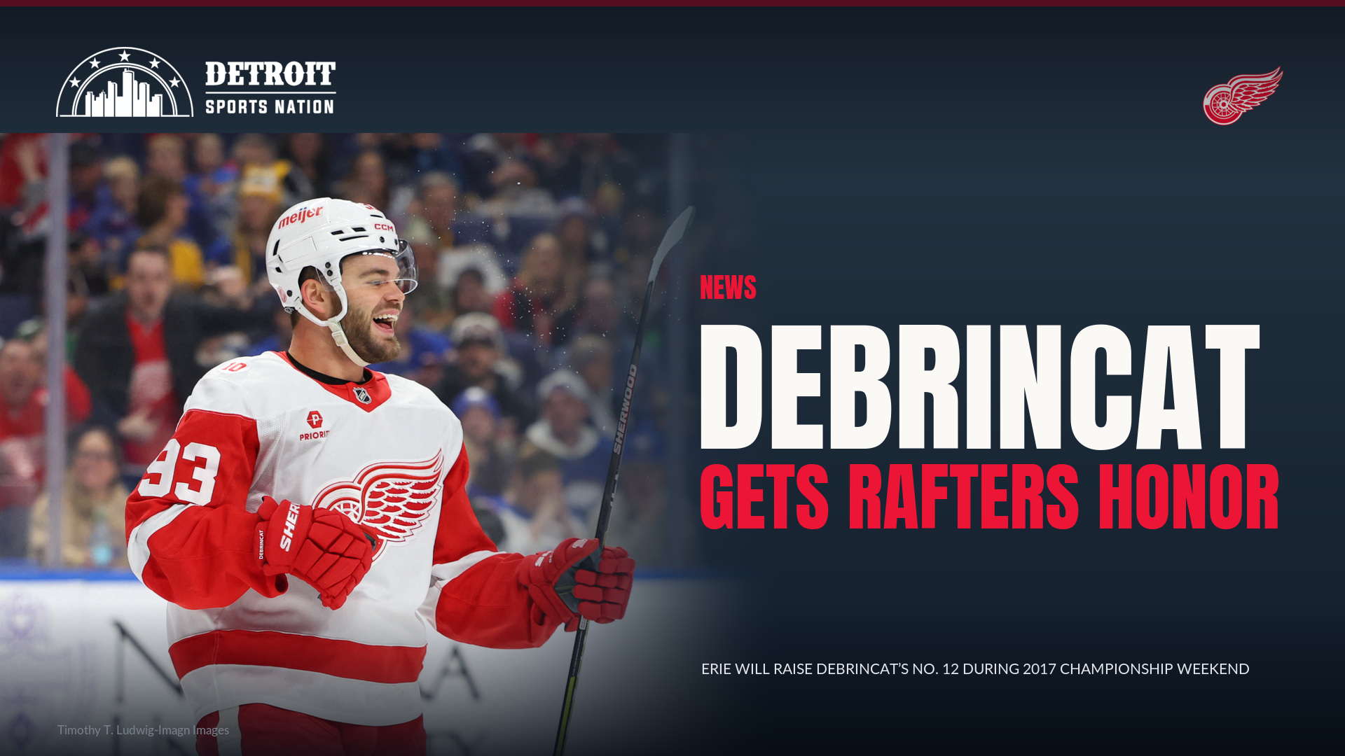Featured slide highlighting DeBrincat’s No. 12 rafters honor.