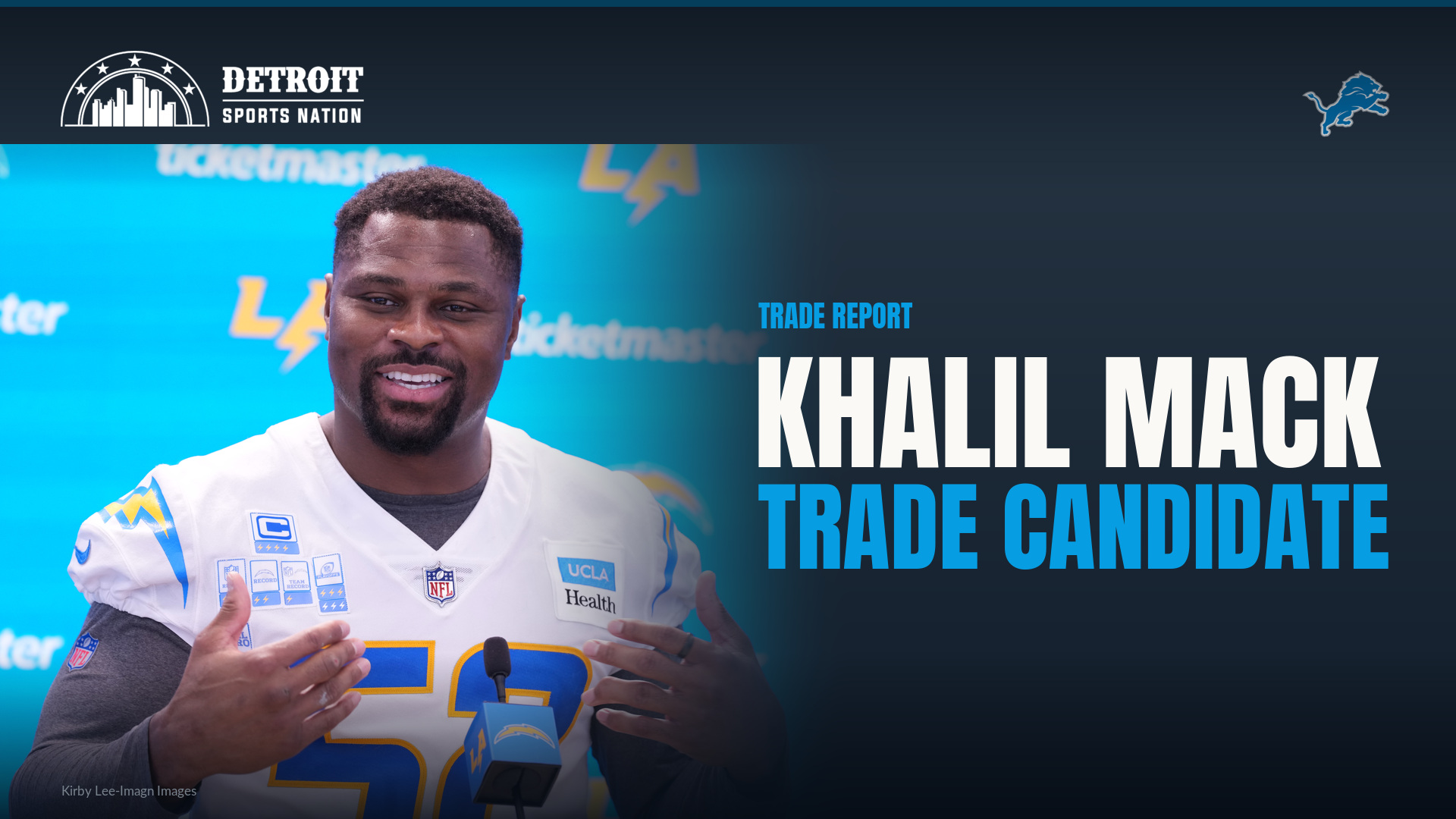 Khalil Mack speaks with reporters in his Los Angeles Chargers jersey on a Detroit Sports Nation trade report graphic